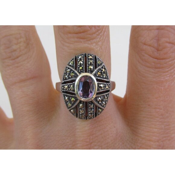 Vintage amethyst sterling silver ring sz 6.75 marcasite art deco engagement ring - Picture 2 of 9